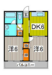 ベルデュール 3階2DKの間取り