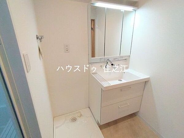 大きな三面鏡付きの洗面台です。たっぷりの収納を設けたシャワー付です