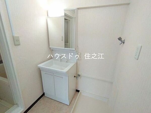 大きな三面鏡付きの洗面台です。たっぷりの収納を設けたシャワー付です