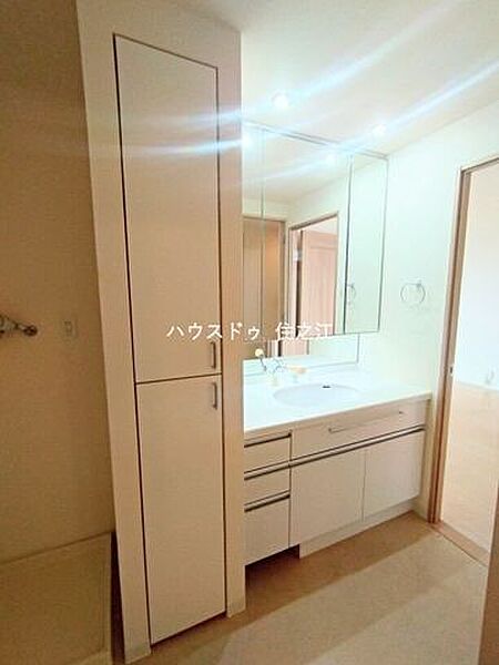 大きな三面鏡付きの洗面台です。たっぷりの収納を設けたシャワー付です