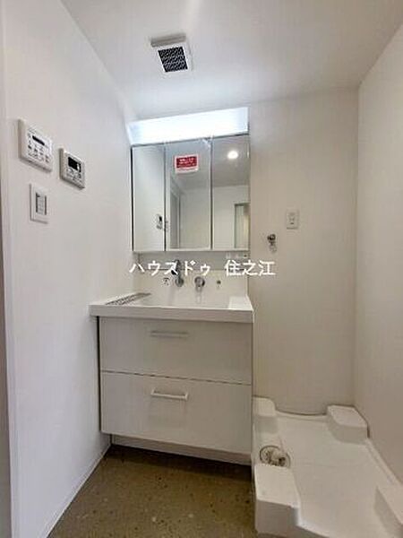 大きな三面鏡付きの洗面台です。たっぷりの収納を設けたシャワー付です