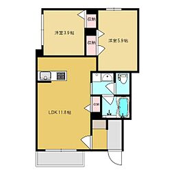 フルーレット 1階2LDKの間取り