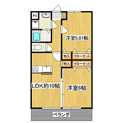 サンライズ千代田A棟 2階2LDKの間取り