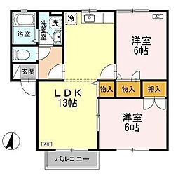 コスモハイツ 2階2LDKの間取り
