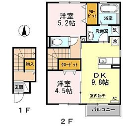 Ｄ-ｒｏｏｍ伊勢丘 2階2DKの間取り