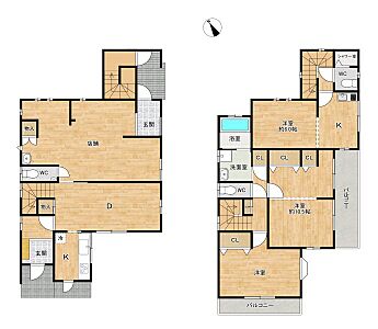 間取り：建物面積広々約128.3m2！キッチンやトイレ等水回りが2か所づつあるので二世帯住宅等家族構成に合わせて柔軟にお使いいただけます！
