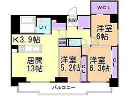 札幌市営東西線 西11丁目駅 徒歩5分の賃貸マンション 10階3LDKの間取り