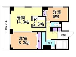 レジディア南一条 2LDKの間取図画像
