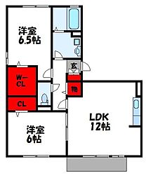 ボヌール新宮 B棟 1階2LDKの間取り
