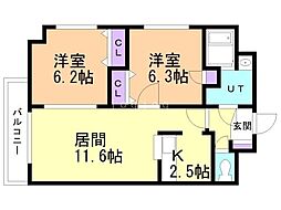 パルティーレ南郷通 2LDKの間取図画像
