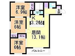 グランメール平和通6B 3LDKの間取図画像