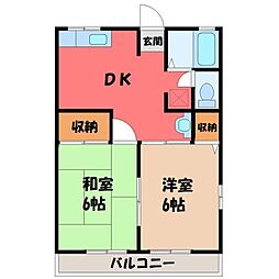 JR東北本線 雀宮駅 徒歩20分の賃貸アパート 1階2DKの間取り