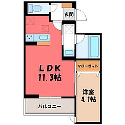 宇都宮芳賀ライトレール線 宇都宮駅東口駅 徒歩8分の賃貸アパート 1階1LDKの間取り