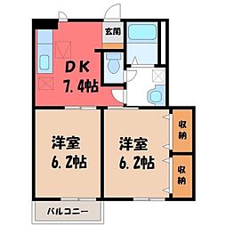 真岡鐵道 北真岡駅 徒歩20分の賃貸アパート 1階2DKの間取り
