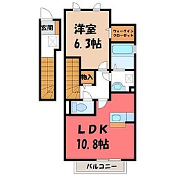 東武宇都宮線 おもちゃのまち駅 徒歩7分の賃貸アパート 2階1LDKの間取り