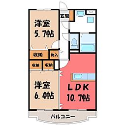 真岡鐵道 真岡駅 徒歩18分の賃貸マンション 2階2LDKの間取り