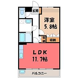 JR東北本線 雀宮駅 3.6kmの賃貸アパート 2階1LDKの間取り