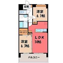 東武宇都宮線 西川田駅 徒歩7分の賃貸マンション 4階2LDKの間取り