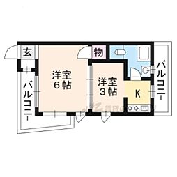 京都地下鉄東西線 御陵駅 徒歩3分の賃貸マンション 4階2Kの間取り