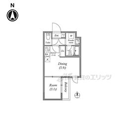 VINA山科WEST 2階1DKの間取り