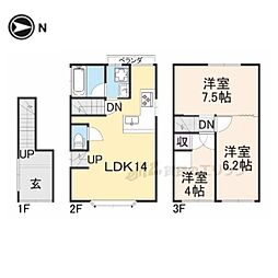 京都地下鉄東西線 椥辻駅 徒歩4分の賃貸一戸建て 2階3LDKの間取り