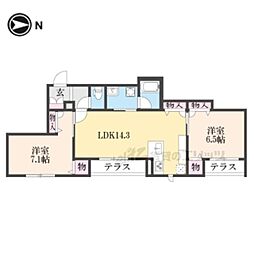 京阪本線 丹波橋駅 徒歩14分の賃貸アパート 1階2LDKの間取り