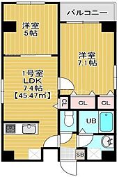 JR総武線 錦糸町駅 徒歩14分の賃貸マンション 6階2DKの間取り