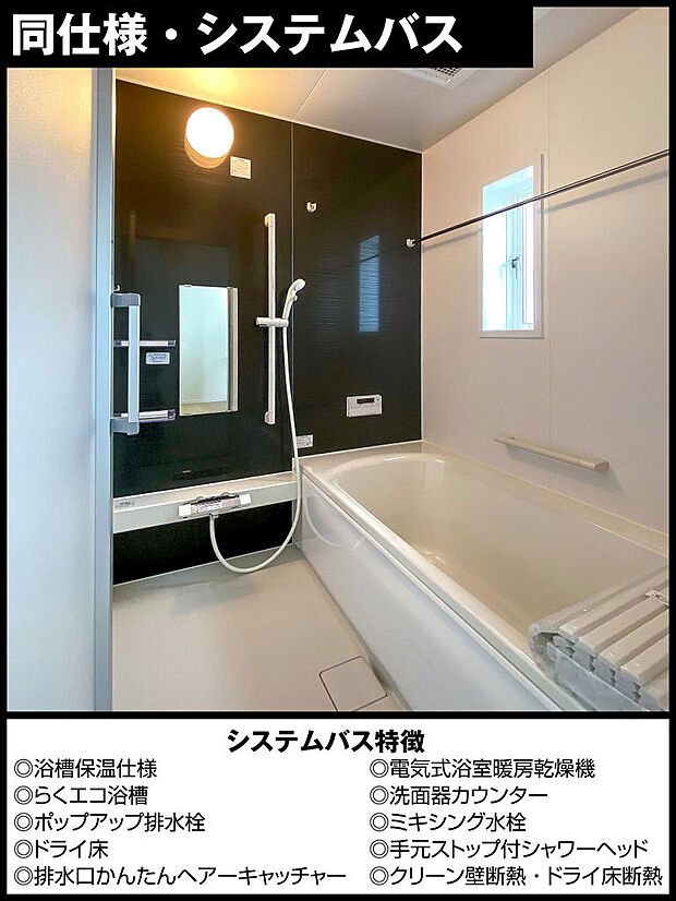 ・浴槽保温仕様・らくエコ浴槽・ポップアップ排水栓・ドライ床・排水口かんたんヘアーキャッチャー・電気式浴室暖房乾燥機・洗面器カウンター・ミキシング水栓・手元ストップ付シャワーヘッド