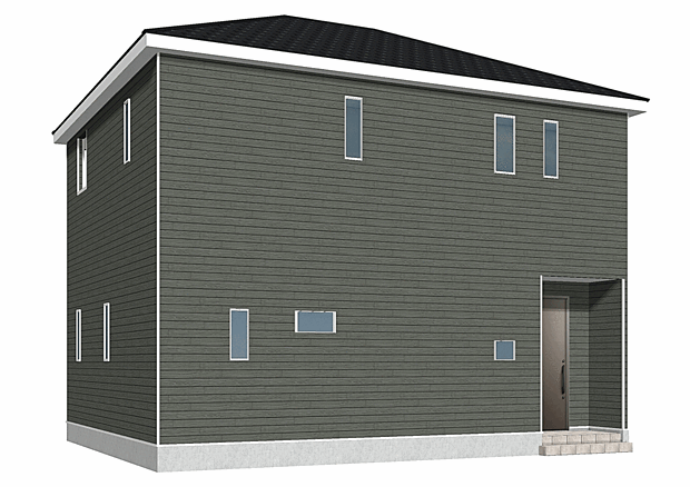 1号棟・外観写真。形や色合いは様々ですが、汚れが付きにくい「ナノ親水マイクロガード」加工を施した、厚さ16mmの外壁材（サイディング）を使用しております。   当物件の完成予想図も準備しております