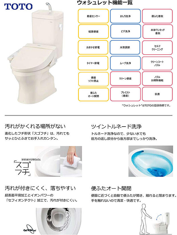 暖房便座・温水ウォシュレット付き節水トイレ便器に近づくと自動で便ふたが開き、離れると閉まります。とを触れないので清潔・快適です。本体周りも凹凸が少ないのでサッとひとふき。日頃のお手入れも簡単