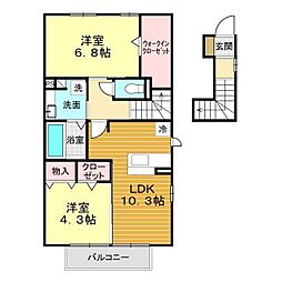 ルミエールひびき 2階2LDKの間取り