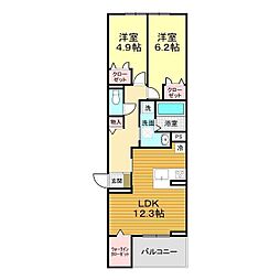 クレスト一の宮 2LDKの間取図画像
