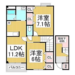 プラシードカーサ 2階2LDKの間取り