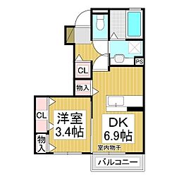 J-Room☆妃二番館 1DKの間取図画像