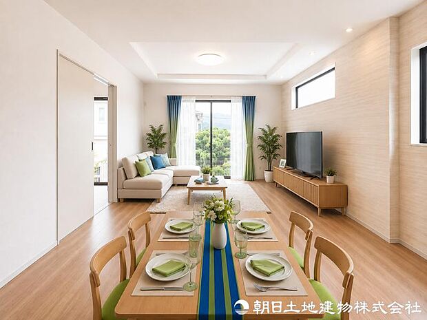 【リビング】 家族が自然と集まり、会話が生まれる明るいリビング。住まいの中心として、心地よい時間が流れる空間です。※家具はイメージです。