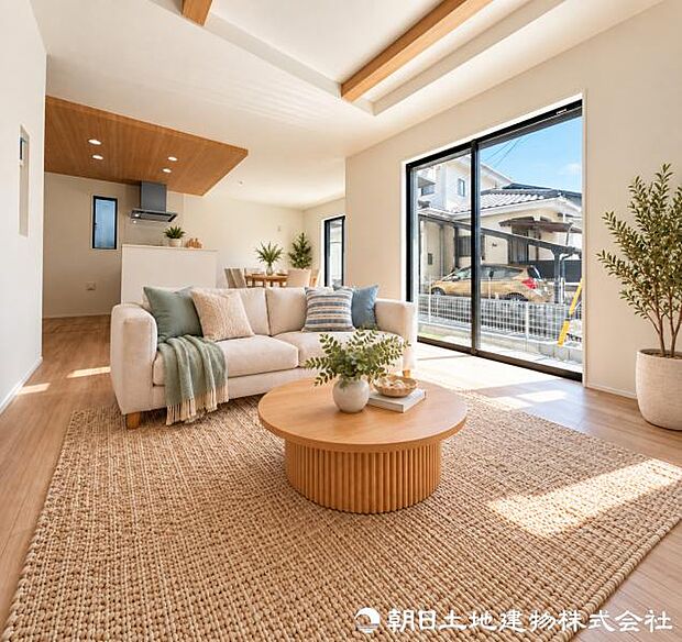 家族が自然と集まり、会話や寛ぎの時間を育むリビング。上質な開放感に包まれながら、日常のひとときを心地よく過ごせます。家族団らんの時間も豊かに育めるリビングです。※家具はAIによるイメージです