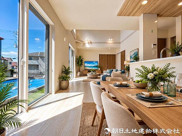暮らしの中心となるリビングは、家族の時間を優しく彩る寛ぎの空間。日々の安らぎと満足感を感じながら、ゆったり過ごせます。自然と笑顔が集まる心地よい空間になります。※家具はAIによるイメージになります