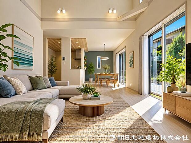 窓から爽やかな風と自然光を取り込める明るいリビング。こまめな換気もしやすく、家族が長時間快適に過ごせる空間です。一年を通して明るく快適に過ごせる広い住空間です。※家具はAIによるイメージになります