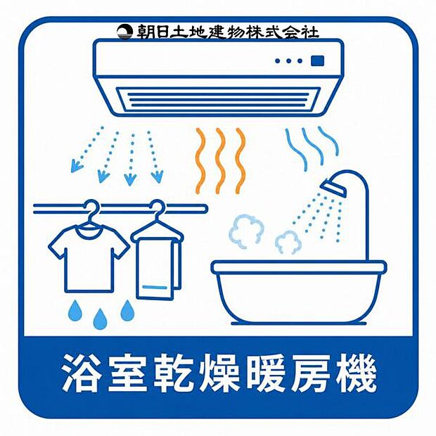 【浴室乾燥機】冬は浴室内を暖めることができ、夏は涼しくすることができるため、入浴時に快適に過ごすことが可能です。 浴室内を乾燥させられるだけでなく、洗濯物を干すことができます。 