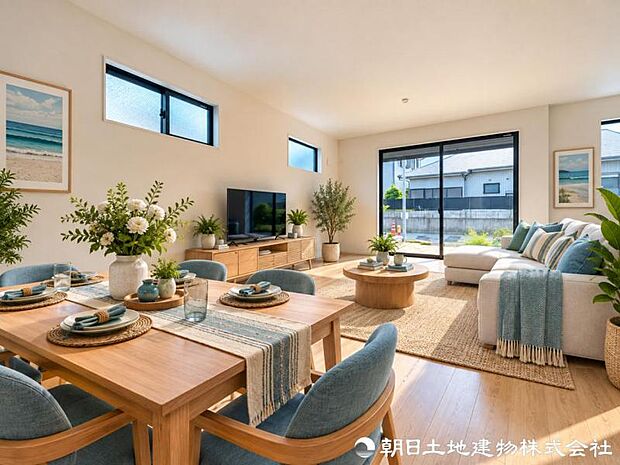この住まいだからこそ味わえる特別な寛ぎを日常に。家族の笑顔が自然と集まり、毎日を大切に楽しめる心地よいリビングです。毎日の暮らしを特別に彩る心地よい住空間です。※家具はAIによるイメージです。