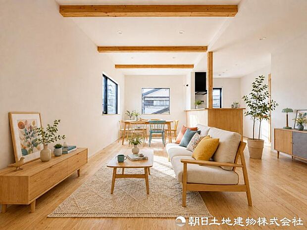 暮らしの中心となるリビングは、家族の時間を優しく彩る寛ぎの空間。日々の安らぎと満足感を感じながら、ゆったり過ごせます。自然と笑顔が集まる心地よい空間になります。※家具はAIによるイメージになります