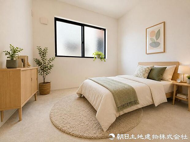 二面に配した窓が心地よい明るさを届ける洋室。ゆとりある空間と優しい色合いのカーペットが、穏やかな寛ぎの時間を演出します。※家具はAIによるイメージになります