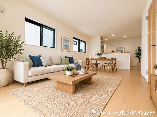 【リビング】 家族が自然と集まり、会話が生まれる明るいリビング。住まいの中心として、心地よい時間が流れる空間です。※家具はAIによるイメージになります
