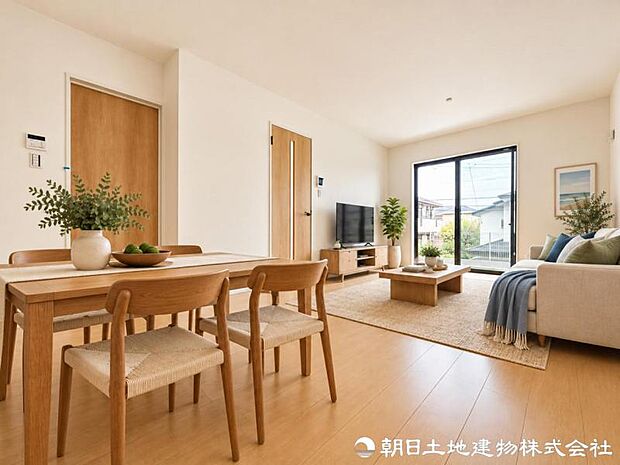 【リビング】 大きな窓から差し込む陽光が、室内をやさしく包み込みます。昼間は照明いらずの明るさを実感できます。※家具はAIによるイメージになります