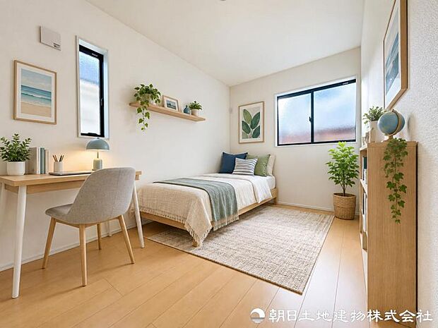 【洋室】 家具の配置がしやすい整った形状の洋室。ベッドやデスクも無理なくレイアウトでき、寝室はもちろん趣味部屋や書斎としても使える十分な広さを確保しています。※家具はAIによるイメージになります
