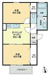 フォブールＤＭＣ・Ｄ 2階2DKの間取り