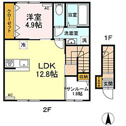 ガーデンヒルズ東手城　A棟 2階1LDKの間取り