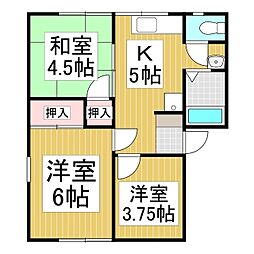 パナハイツ山咲Ｂ 2階3Kの間取り
