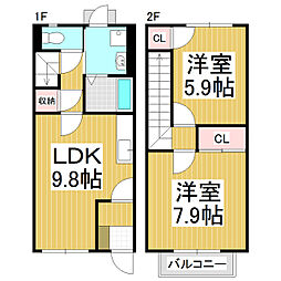 サンライズ大原Ｂ 1階2LDKの間取り