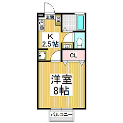 ガーデン飛鳥 2階1Kの間取り